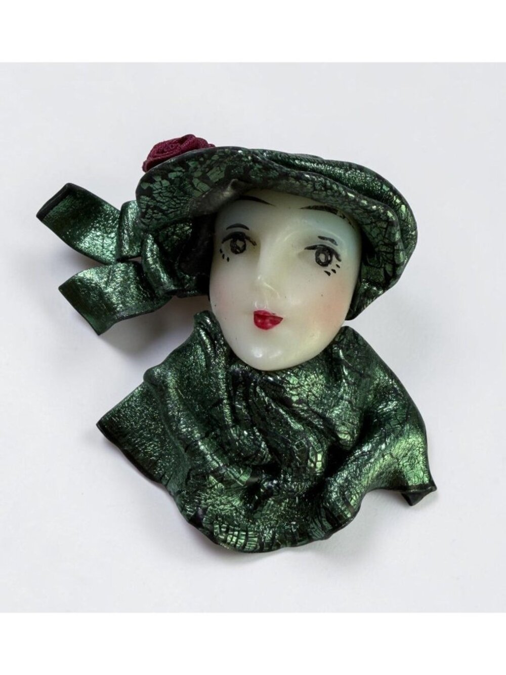 Vintage Lady Head Brooch Art Deco Woman Face Pin Flapper Shimmer Green